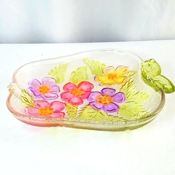 Vintage Glass Handpainted Floral Candy Dish Pink Green Purple - Picture 4 of 7